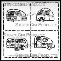 4 Vintage Camper Trailers Stencil (S252) designed by Jamie Fingal for StencilGirl 6 inch by 6 inch